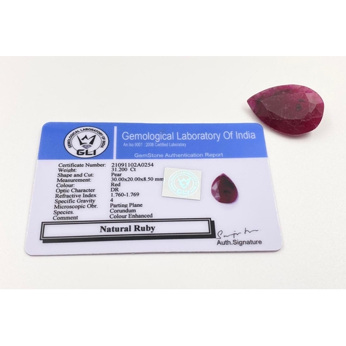 962 - 31.20ct Natural Ruby. Pear cut. GLI certified.