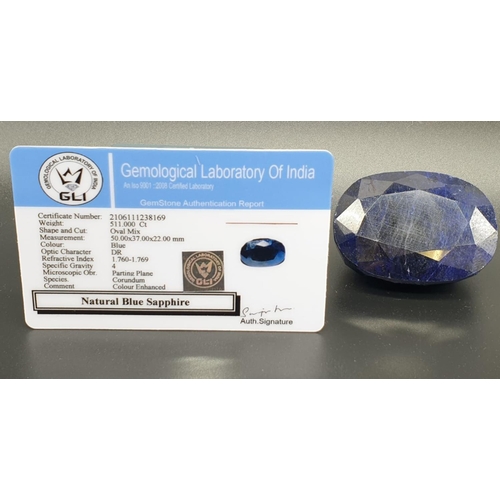 857 - 511Ct Natural Blue Sapphire. Oval shape. GLI certified