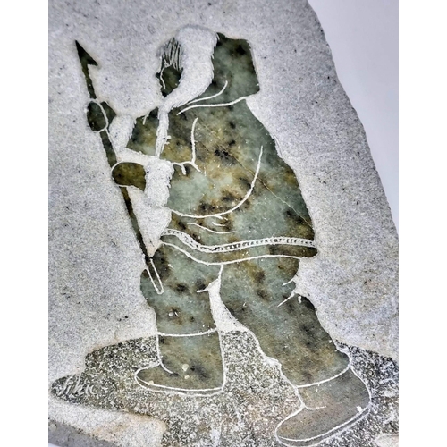 940 - An Inuit Soapstone carving featuring an Eskimo.  An Inuit Soapstone carving featuring an Eskimo. Mea... 