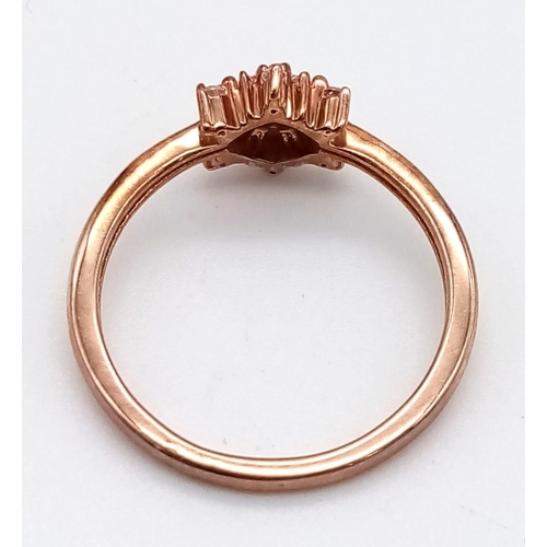 512 - A Lovely 9K Rose Gold Diamond Ring. Floral decorative diamond cluster. Size N. 2g total weight