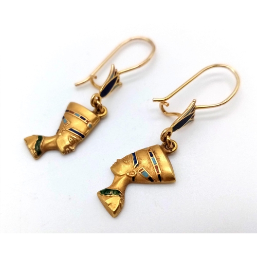 520 - A Pair of 9K Yellow Gold and Enamel Egyptian Themed Drop Earring. 2cm. 4g total weight.