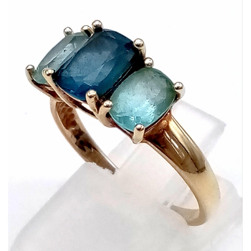 591 - A Vintage 9k Yellow Gold Topaz Ring. Different shades of blue topaz create something different. Size... 