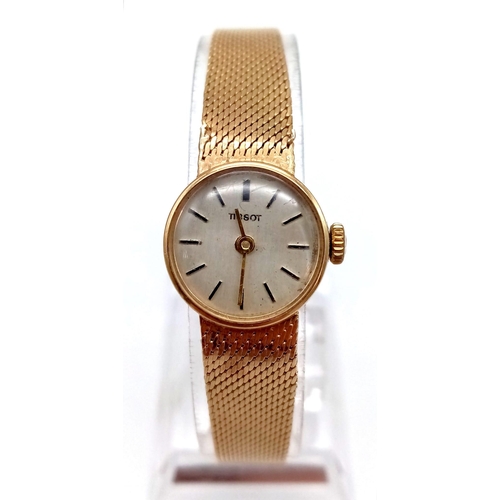 1012 - A Vintage 9K Gold Ladies Tissot Watch. 9K gold strap and case - 16mm. Kink in strap so a/f. Original... 