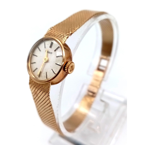 1012 - A Vintage 9K Gold Ladies Tissot Watch. 9K gold strap and case - 16mm. Kink in strap so a/f. Original... 