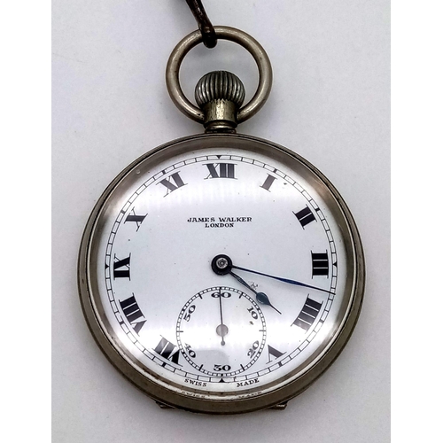 486 - An Antique James Walker of London Pocket Watch with Fob Chain. White dial with second sub dial. Top ... 