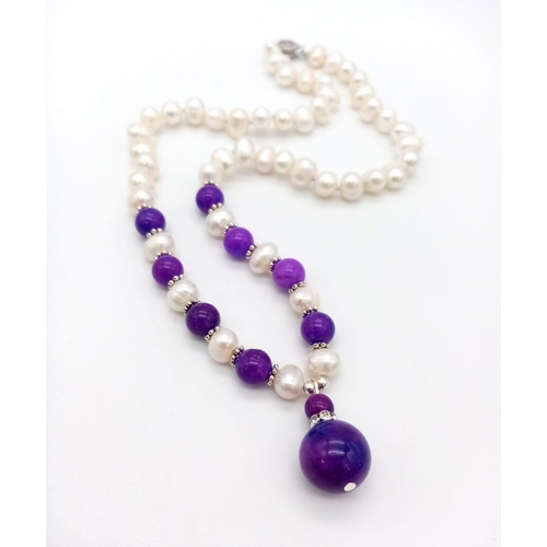 499 - A Cultured Akoya Pearl and Sugilite Bead Necklace and Pendant. 2.5 and 42cm.