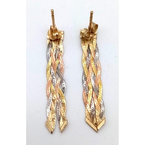 538 - A Pair of 9K Three-Coloured Gold Drop Earrings. 25mm. 0.8g