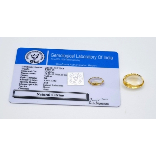 492 - A 8.80ct Natural Citrine in a Oval Shape. Come with GLI certificate.