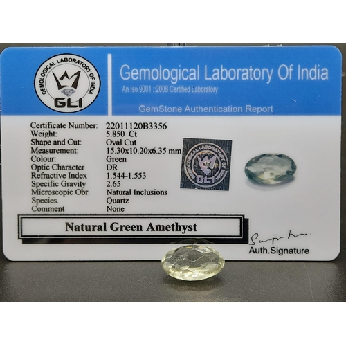 452 - A 5.85ct Mixed Cut Green Amethyst. Oval shape. Comes with a certificate.