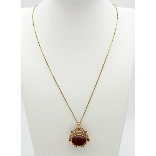 186 - An Antique Onyx, Bloodstone and Cornelian set in 9K Gold Spinning Fob on a rolled gold chain. 25mm a... 