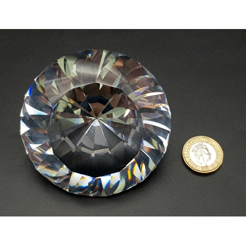 428 - A SWAROVSKI SILVER CRYSTAL DIAMOND SHAPE IN ORIGINAL BOX.  368.8gms   9cms diameter.