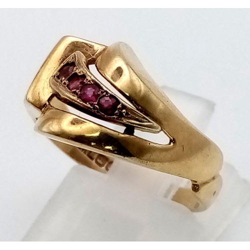 442 - An Unusual 9K Yellow Gold Four Stone Ruby Ring - In a retro style. Size N. 3.17g total weight