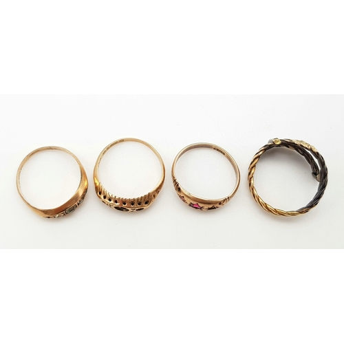 613 - A Selection of Four Rings - To include: 3 x 9K Yellow gold rings - 4.36g total. A 14K yellow gold to... 