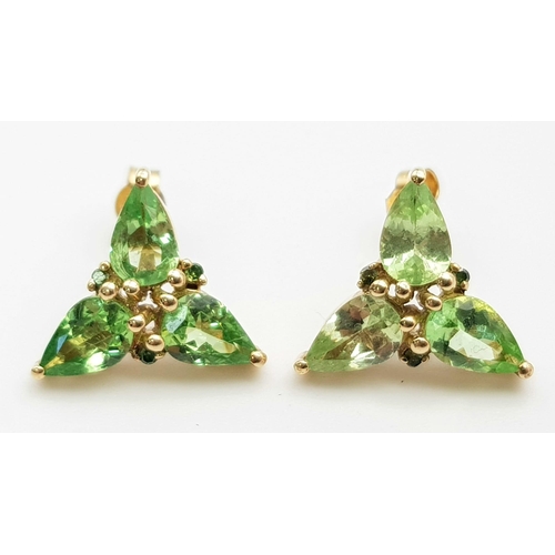 964 - A Pair of 9K Yellow Gold Tsavorite and Green Diamond Earrings. 2.53g total weight.