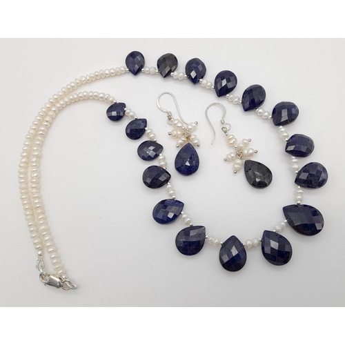 1101 - A Seed Pearl Necklace with Blue Sapphire Drops - and a matching pair of earrings. 40cm and 2.5cm dro... 