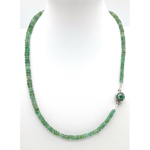 1116 - A 95ct Natural Emerald Gemstone single strand necklace with emerald clasp in 925 silver. 40cm.