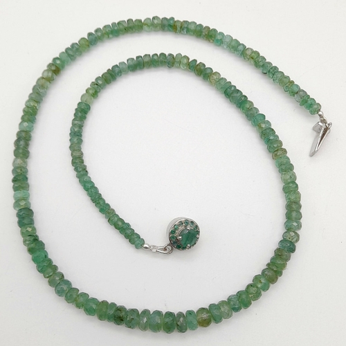 1116 - A 95ct Natural Emerald Gemstone single strand necklace with emerald clasp in 925 silver. 40cm.