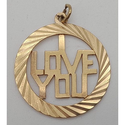 1248 - A 9K Yellow Gold I Love You Pendant. 25mm diameter. 2.05g.