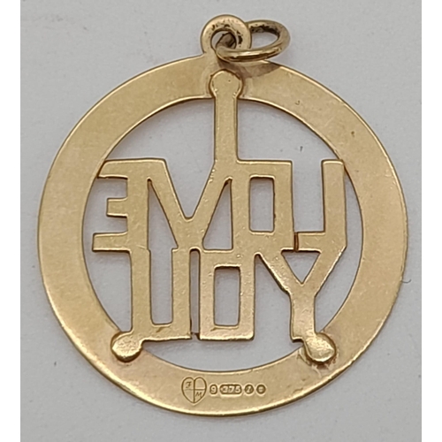 1248 - A 9K Yellow Gold I Love You Pendant. 25mm diameter. 2.05g.