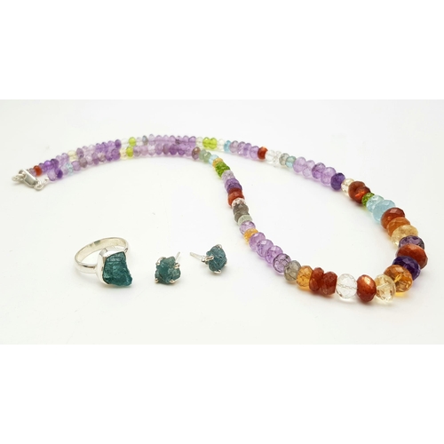 1281 - A multi-gemstone necklace with Citrine, amethyst, peridot, carnelian and  garnet beads, with a 925 s... 