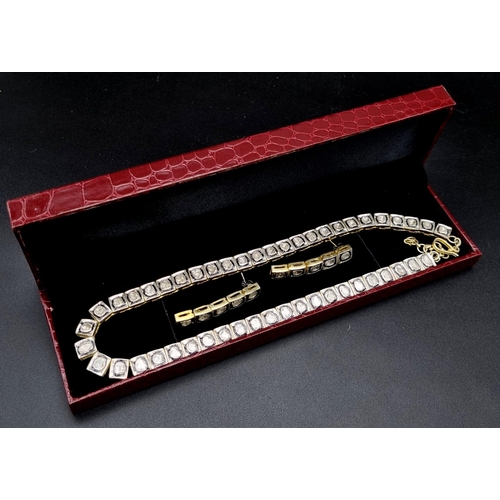 204 - A Flat Uncut Natural Diamond Necklace with Matching Dangler earrings - set in 925  gilded silver. Ne... 