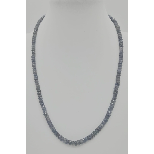 583 - A 112ct Single Strand Blue sapphire necklace with a 925 silver clasp. 42cm