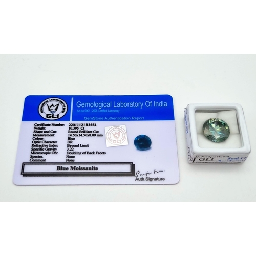 779 - A 10.395ct Round Brilliant cut blue moissanite. With certificate.