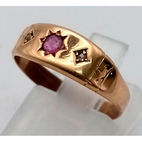 786 - An Edwardian 9K Yellow Gold Ruby and Diamond Gypsy Set Ring. Size M. 1.45g total weight.