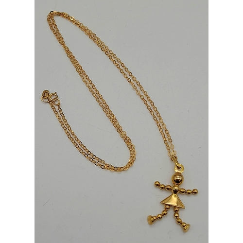 794 - A Wonderful 9K Yellow Gold Dolly Pendant on a 9K on a 9K Yellow Gold Necklace. 3 and 44cm. 2.95g tot... 