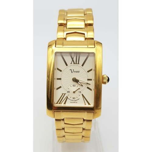 1247 - A Vivaldi Gold Plated Gents Tank Watch. Gilded strap and case - 28 x 40mm. White dial with sub dial.... 