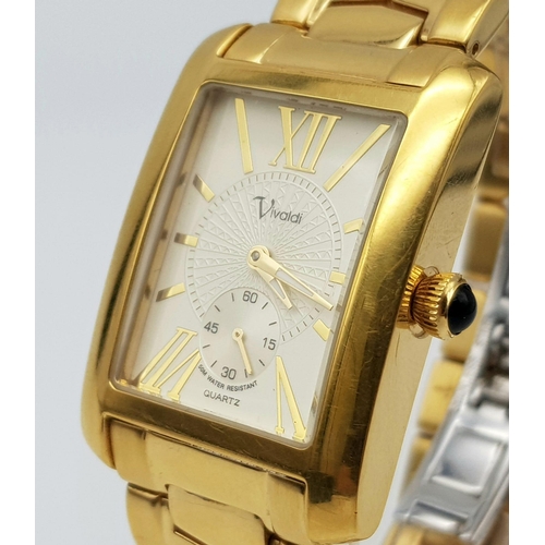 1247 - A Vivaldi Gold Plated Gents Tank Watch. Gilded strap and case - 28 x 40mm. White dial with sub dial.... 