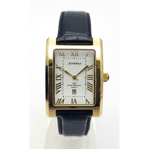 1233 - An Amadeus Quartz Water Resistant Tank Watch. Black leather strap. White dial with date window. Gild... 