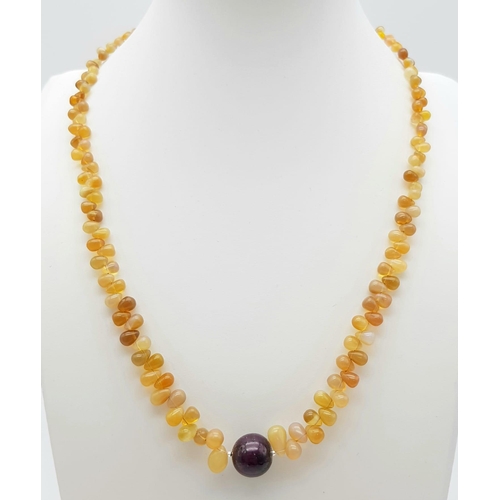 1157 - An 80ct Opal Gemstone Bead Necklace with a Large Ruby Bead. 44cm.