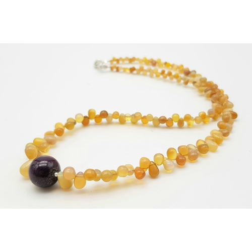 1157 - An 80ct Opal Gemstone Bead Necklace with a Large Ruby Bead. 44cm.