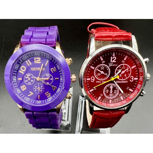 1190 - Two Geneva Watches - Purple and Red Leather straps. Both in working order.