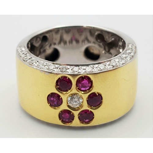 1311 - AN 18K 2 COLOUR GOLD DIAMOND AND RUBY HAND CRAFTED RING .14gms  0.70ct  size N