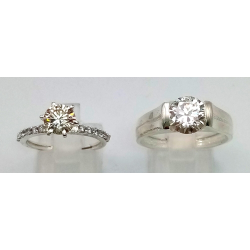 1482 - A pair of 925 silver rings, 2ct White Moissanite Ring Band style, size U and 1ct RBC White Moissanit... 