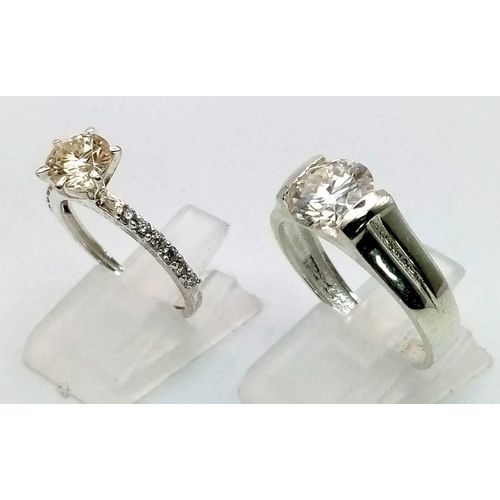 1482 - A pair of 925 silver rings, 2ct White Moissanite Ring Band style, size U and 1ct RBC White Moissanit... 