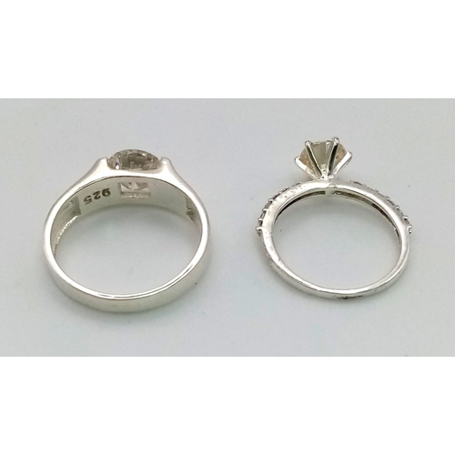 1482 - A pair of 925 silver rings, 2ct White Moissanite Ring Band style, size U and 1ct RBC White Moissanit... 