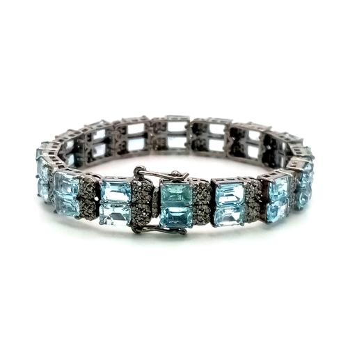 1488 - Blue Topaz and Rose Cut Diamond Bracelet in 925 Silver, Length 18cm, Total Weight 34.7 grams