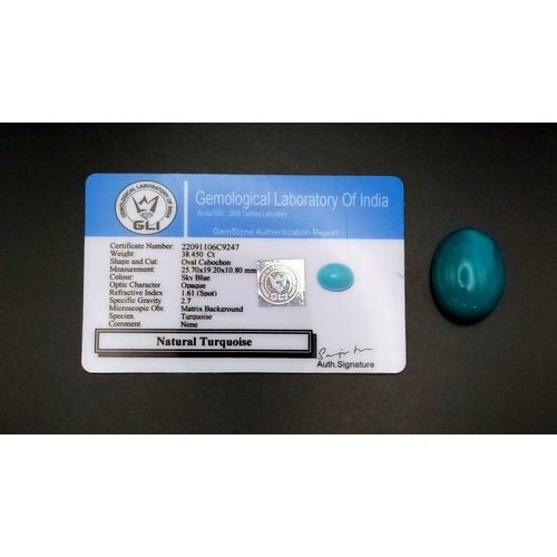 1489 - 38.45 Ct Natural Persian Turquoise, Oval Shape, GLI Certified