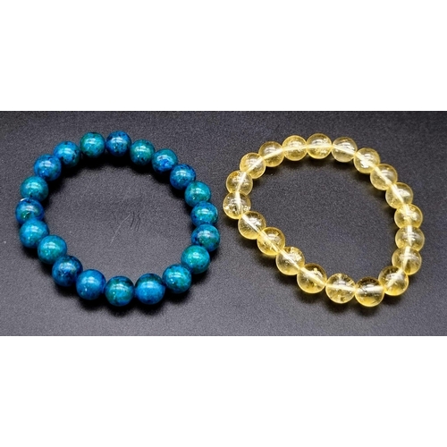 1499 - A Yellow Citrine Quartz and a Chrysocolla Expandable Gemstone Bracelet. 10mm beads.