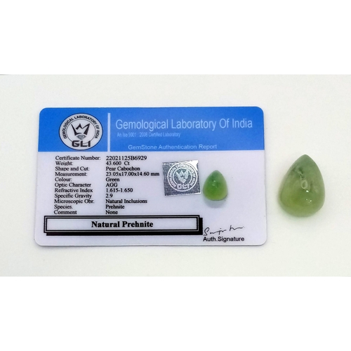 1173 - 43.6ct Natural Pear cabochon Prehnite. GLI certified.