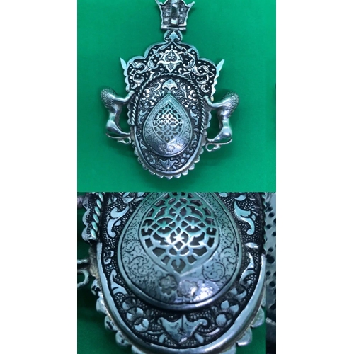 674 - A extraordinary large Persian solid silver diamond and Emerald pearl pendent Mohamad Reza Shah Pahla... 