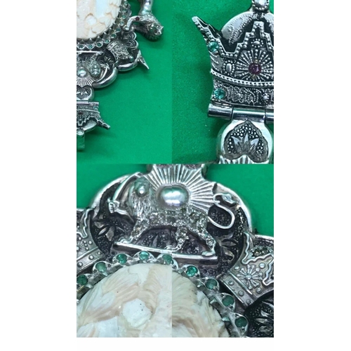 674 - A extraordinary large Persian solid silver diamond and Emerald pearl pendent Mohamad Reza Shah Pahla... 