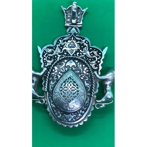 674 - A extraordinary large Persian solid silver diamond and Emerald pearl pendent Mohamad Reza Shah Pahla... 