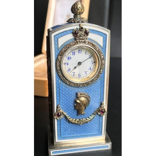 935 - A Russian silver and enamel diamond miniature clock 

HEIGHT ::: 10.7 cm

Length&width. :::: 4.9 by ... 