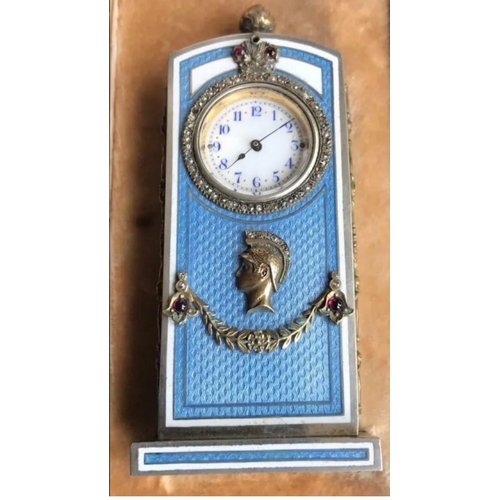 935 - A Russian silver and enamel diamond miniature clock 

HEIGHT ::: 10.7 cm

Length&width. :::: 4.9 by ... 