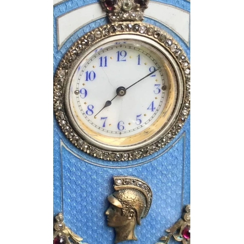 935 - A Russian silver and enamel diamond miniature clock 

HEIGHT ::: 10.7 cm

Length&width. :::: 4.9 by ... 