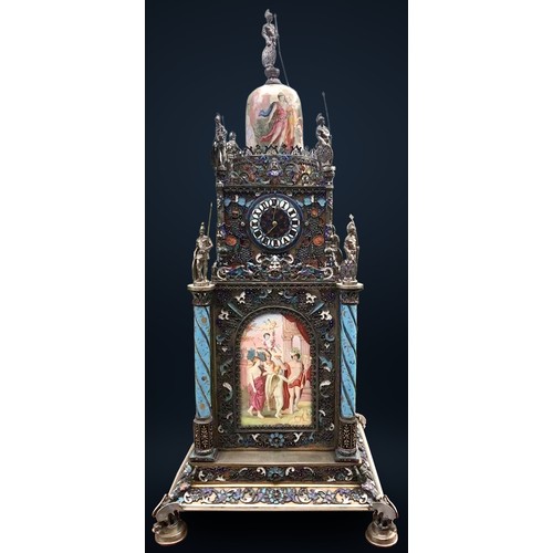 1037 - Rare four Sided Austrian solid silver and enamel tower clock Herman Boehm of Vienna.

An Austrian si... 